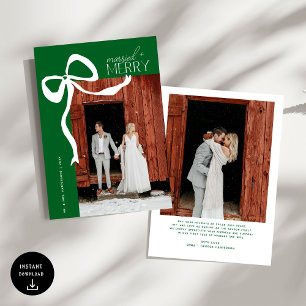 Merry and Married Script Photo Christmas Green Bow Holiday Card