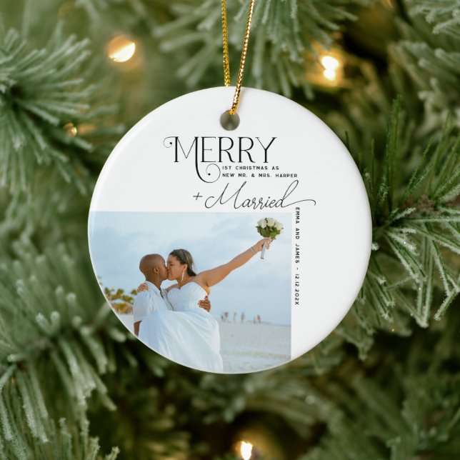 Merry and Married Script Photo Christmas Newlyweds Ceramic Tree Decoration (Tree)