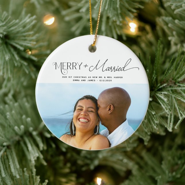 Merry and Married Script Photo Christmas Newlyweds Ceramic Tree Decoration (Tree)