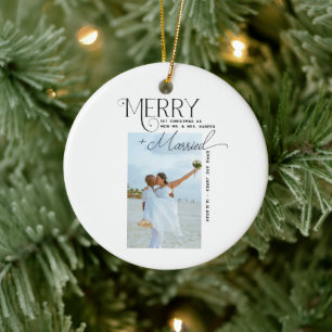 Merry and Married Script Photo Christmas Newlyweds Ceramic Tree Decoration