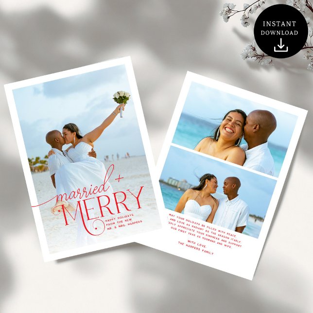 Merry and Married Script Photo Christmas Newlyweds Holiday Card (Creator Uploaded)