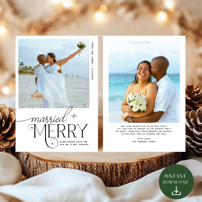 Merry and Married Script Photo Christmas Newlyweds Holiday Card (Creator Uploaded)