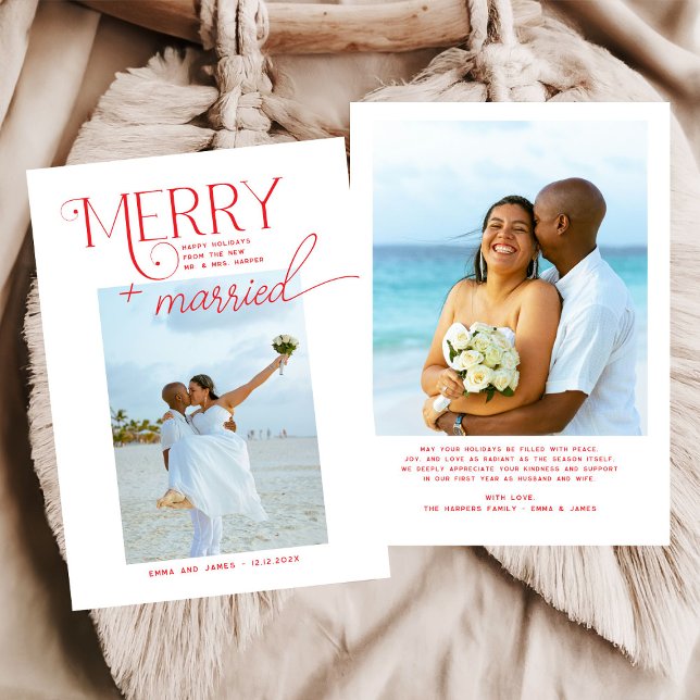 Merry and Married Script Photo Christmas Newlyweds Holiday Card (Creator Uploaded)