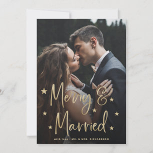 Merry and Married Script Stars and Photo Holiday Card