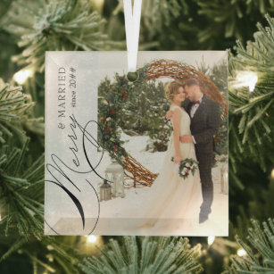 Merry and Married Script Vertical Photo Snowflake  Glass Tree Decoration