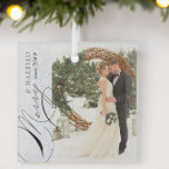 Merry and Married Script Vertical Photo Snowflake  Glass Tree Decoration<br><div class="desc">Merry & Married photo ornament with vertical photo, elegant calligraphy and delicate white snowflakes on a silver grey border. The photo template is ready for you to add your photo, and your wedding year. If you have any problems with placement, try cropping your pic to a portrait format and re-uploading...</div>