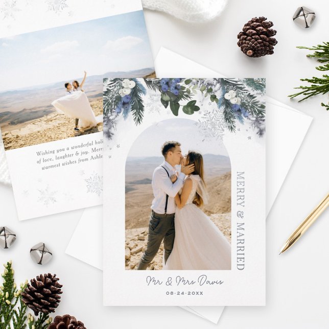Merry and Married Silver Blue Green Winter Floral Foil Holiday Card (Creator Uploaded)