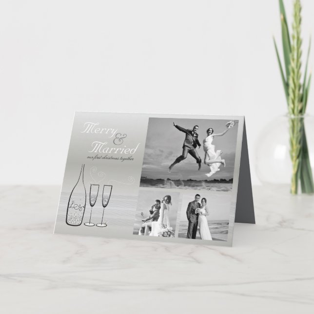 Merry And Married Silver Champagne 3 Photo Wedding Holiday Card (Front)