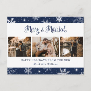 Merry and Married Snowflake Blue Photo Collage Holiday Postcard