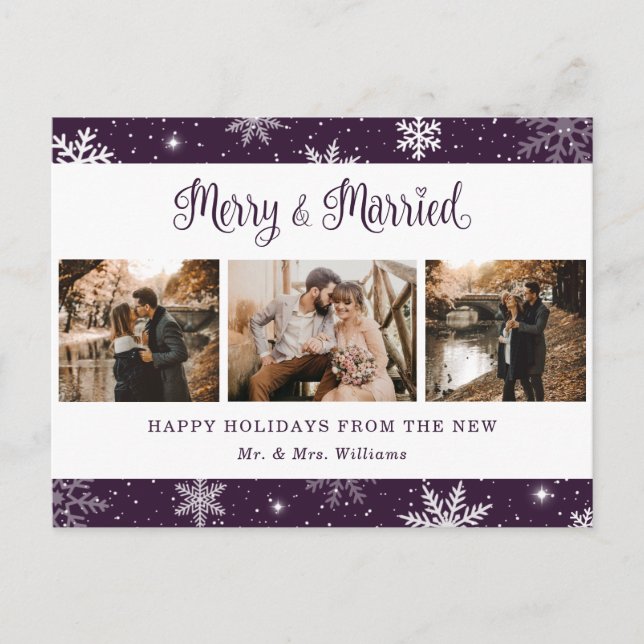 Merry and Married Snowflake Purple Photo Collage Holiday Postcard (Front)