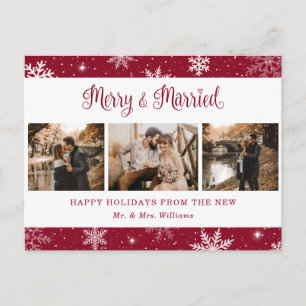 Merry and Married Snowflake Red Photo Collage Holiday Postcard