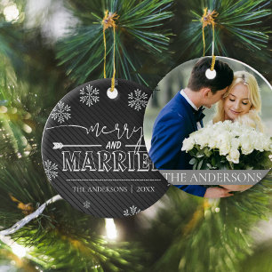 Merry And Married Typography First Christmas Photo Ceramic Tree Decoration