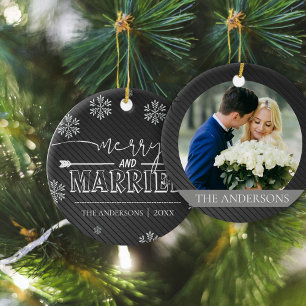 Merry And Married Typography First Christmas Photo Ceramic Tree Decoration