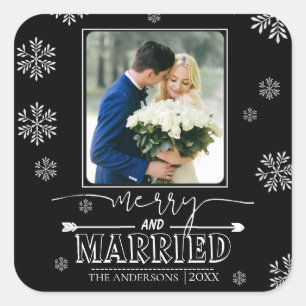 Merry And Married Typography First Christmas Photo Square Sticker