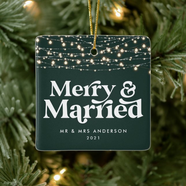 Merry and married wedding Christmas Twinkle light  Ceramic Ornament (Tree)