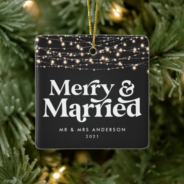 Merry and married wedding Christmas Twinkle light Ceramic Ornament (Tree)