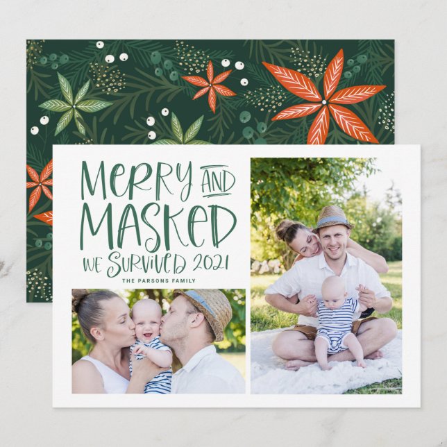 Merry and Masked We Survived 2021 Green Photo Holiday Card (Front/Back)