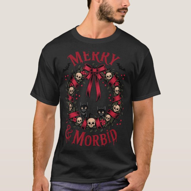 Merry And Morbid Christmas Funny Cute Cats Goth Cr T-Shirt (Front)