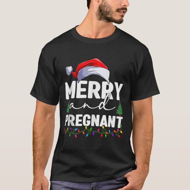 Merry And Pregnant Christmas Pregnancy Announcemen T-Shirt (Front)