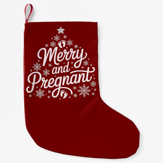 Merry And Pregnant Maternity Footprints Pregnancy  Small Christmas Stocking (Front)
