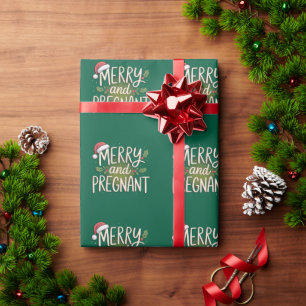 Merry and Pregnant Xmas Pregnancy Announcement Wrapping Paper