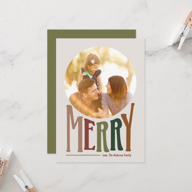 Merry and Retro Christmas Holiday Photo Card (Front/Back In Situ)