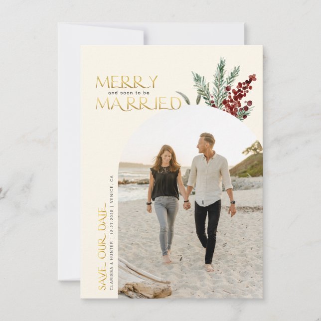 Merry And Soon To Be Ecru Colour Married Christmas Save The Date (Front)