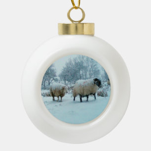 Merry Baaaa Mas Sheep Snow Winter Scene Festive Ceramic Ball Christmas Ornament