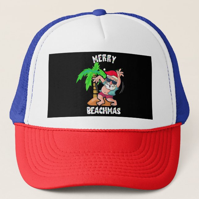Merry Beach Christmas In July Funny Santa Xmas Poo Trucker Hat (Front)