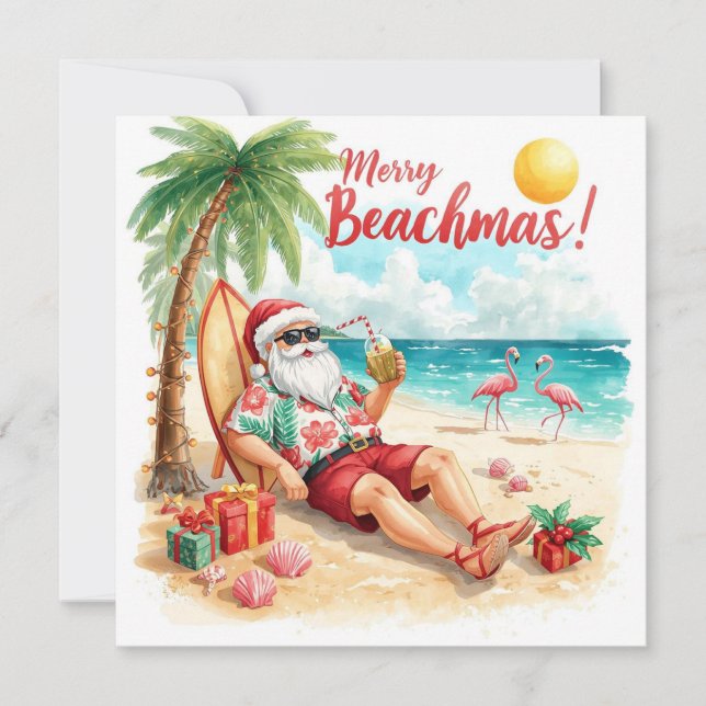 Merry Beachmas  at beach with Santa Holiday Card (Front)