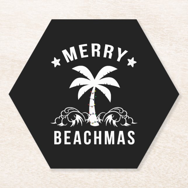 Merry Beachmas Palm Tree Beach Christmas Paper Coaster (Front)