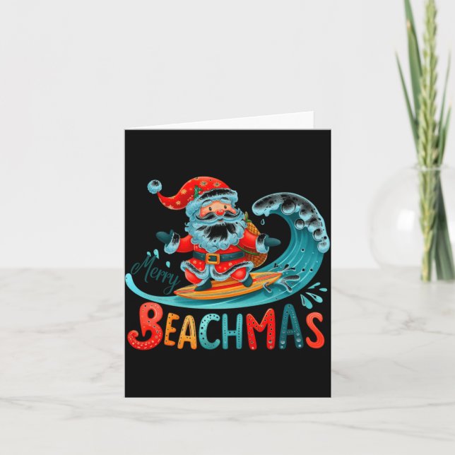 Merry Beachmas Santa Surfing Retro Design  Card (Front)