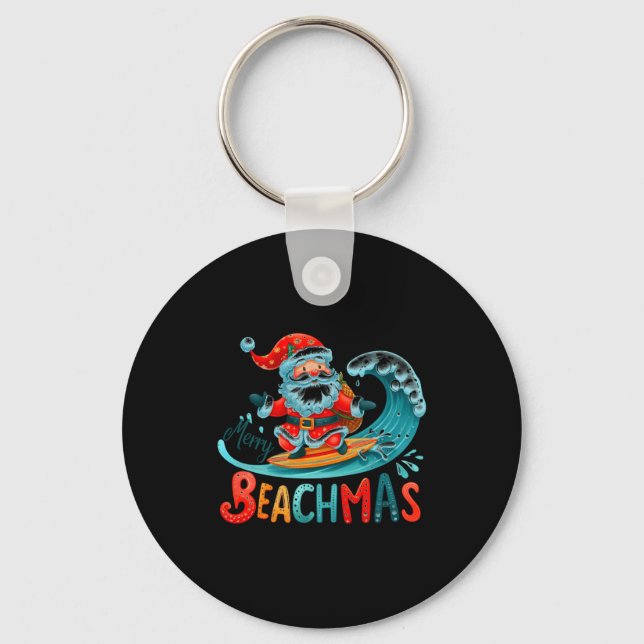 Merry Beachmas Santa Surfing Retro Design  Key Ring (Front)