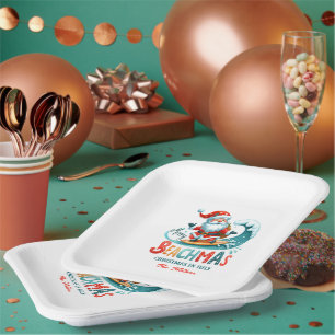 Merry Beachmas Santa Surfing Retro Design Paper Plate