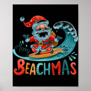 Merry Beachmas Santa Surfing Retro Design T Shirt  Poster