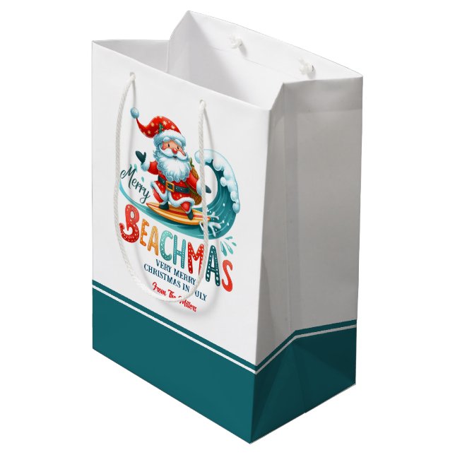 Merry Beachmas Santa Surfing Retro Design Two Medium Gift Bag (Back Angled)