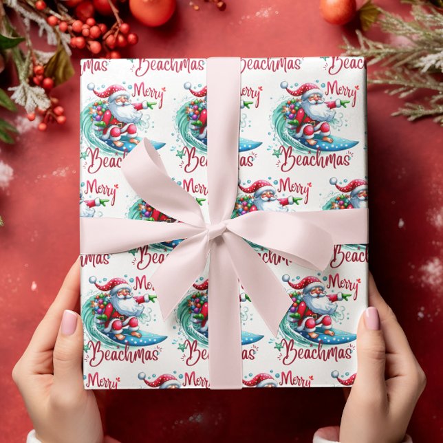 Merry Beachmas Santa Surfing Retro Design Wrapping Paper (Creator Uploaded)