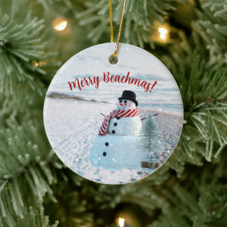Merry Beachmas Snowy Sandy Snowman - Ceramic Tree Decoration