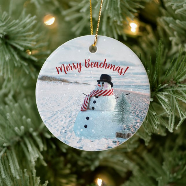 Merry Beachmas Snowy Sandy Snowman - Ceramic Tree Decoration (Tree)