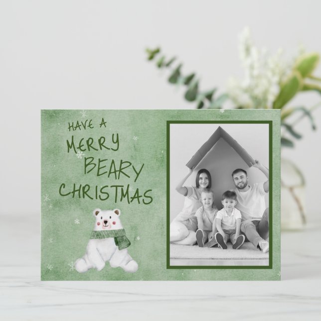 Merry Beary Christmas Polar Bear in Green Scarf Holiday Card (Standing Front)