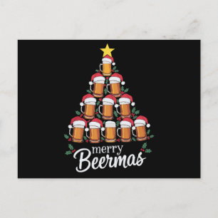 Merry Beermas Beer Mug Christmas Tree Santa Hat Holiday Postcard