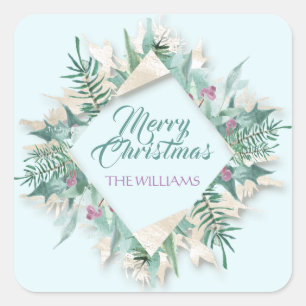 Merry Belly Christmas Happy Holidays Diamond Blue Square Sticker