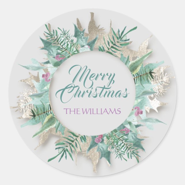 Merry Belly Christmas Happy Holidays Grey Teal Classic Round Sticker (Front)