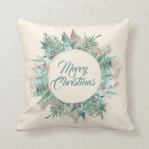 Merry Belly Christmas Wreath Winter Holidays Mint Cushion