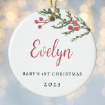 Merry Berries Baby's First Christmas Photo Ceramic Tree Decoration<br><div class="desc">Custom-designed baby's first Christmas ornament featuring rustic watercolor red berries with personalised name,  year,  and photo.</div>