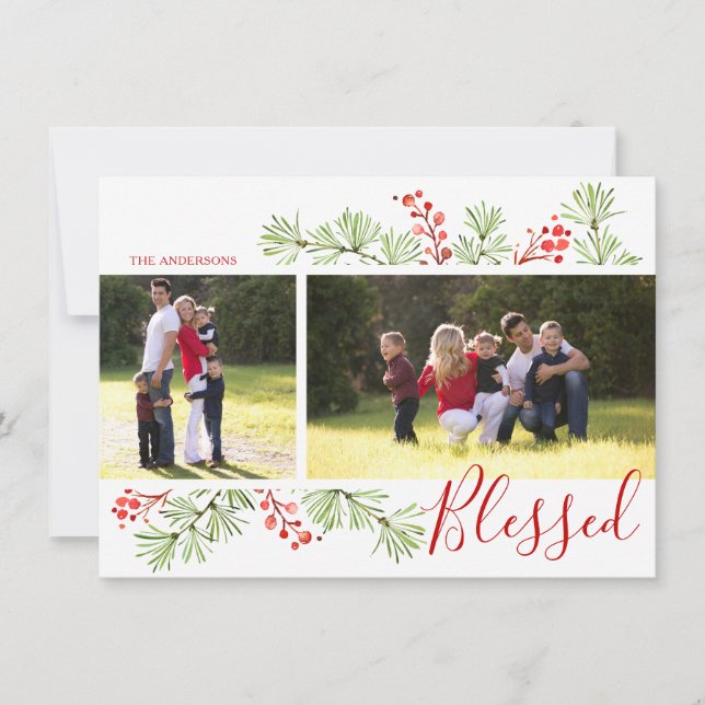 Merry Berries Watercolor Greenery Photo Holiday Card (Front)