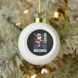 Merry Bikemas Santa Riding Bicycle Snowflakes Xmas Ceramic Ball Christmas Ornament