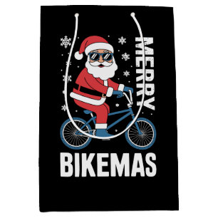 Merry Bikemas Santa Riding Bicycle Snowflakes Xmas Medium Gift Bag