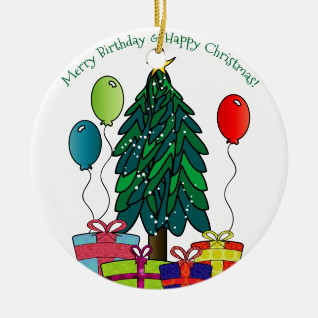 Merry Birthday, Happy Christmas! Ceramic Tree Decoration (Front)