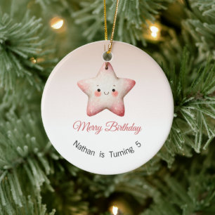 Merry Birthday Ornament, Christmas Birthday Gift Ceramic Tree Decoration